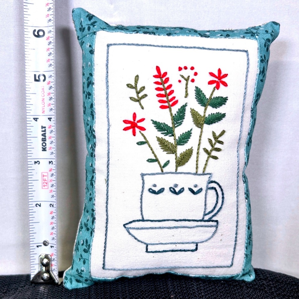 Handmade Embroidered Floral Teacup Mini Accent Pillow